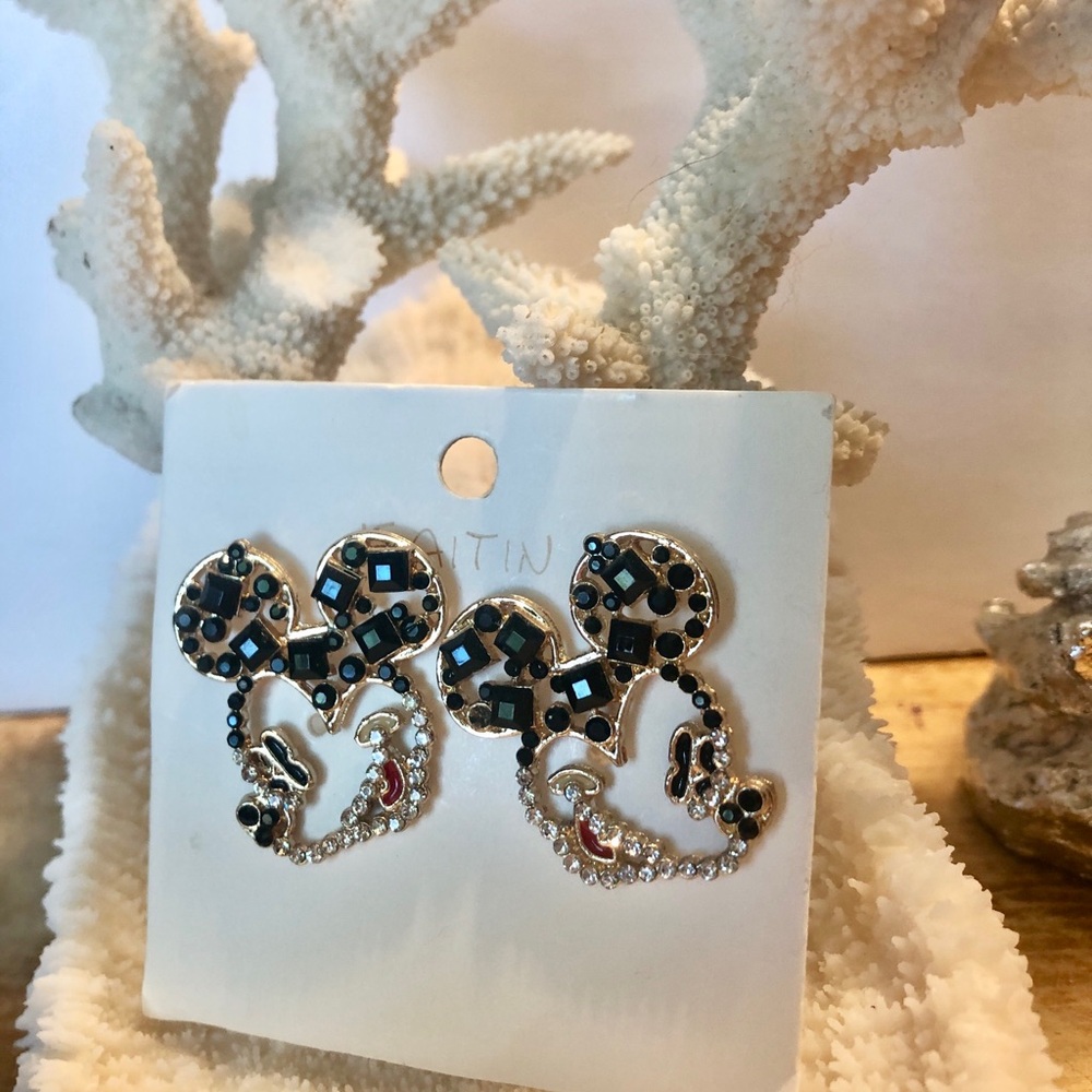 Disney Mickey Mouse Gold-tone Earrings Black and Clear Rhinestones